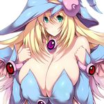  bangs bare_shoulders blonde_hair blush bracelet breast_squeeze breasts bursting_breasts cleavage clenched_hands covered_nipples dark_magician_girl detached_sleeves duel_monster flipped_hair gem gradient_hair green_eyes hair_between_eyes hat huge_breasts jewelry light_smile long_hair looking_at_viewer multicolored_hair neck_ring simple_background smile solo strapless taut_clothes tsukasawa_takamatsu upper_body very_long_hair white_background wizard_hat yuu-gi-ou 