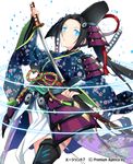  agent_7 bad_id bad_pixiv_id black_hair blue_eyes fingerless_gloves gloves hat holding japanese_clothes katana long_hair looking_at_viewer official_art original ponytail simple_background solo sword tate_eboshi weapon white_background yuuhi_homare 