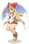  angel_wings arm_warmers bare_legs blonde_hair blush bow earrings feathers flipped_hair full_body green_eyes hat highres jewelry kururu_(little_princess) little_princess long_hair marl_kingdom nomura_ryouji_(style) official_style shoes shorts smile solo wings yu_3 