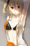  blonde_hair kagerou_project kisaragi_momo long_hair midriff moegi0926 mouth_hold navel o-ring o-ring_top red_eyes side_ponytail solo 