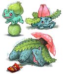  balancing bulbasaur cabbage character_name chin_rest chips doritos emlan evolution fangs food full_body gen_1_pokemon ivysaur lazy lettuce lying multiple_persona no_humans number on_side on_stomach open_mouth pokemon pokemon_(creature) pokemon_number red_eyes revision sharp_teeth teeth venusaur white_background 