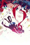  1girl black_hair closed_eyes couple desk falling hari_(tottchiya) hetero hug kagerou_project kisaragi_shintarou long_hair notebook origami paper paper_airplane paper_crane pencil photo_(object) red_scarf ruler scarf school_uniform scissors serafuku short_hair tateyama_ayano 