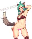  ;p animal_ears armpits bikini_top braid breasts character_request contrapposto earrings facial_mark gengoroumaru_(ambidextrous) green_hair highres jewelry large_breasts looking_at_viewer lucent_heart o-ring o-ring_bottom one_eye_closed red_eyes short_hair simple_background single_braid solo standing tail tongue tongue_out white_background 