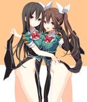  :d ass black_gloves black_hair blush bottomless bow bowtie breasts brown_eyes brown_hair chikuma_(kantai_collection) dress dress_lift elbow_gloves fang gloves hair_between_eyes hair_ribbon highres kantai_collection long_hair looking_at_viewer medium_breasts multiple_girls no_panties ogadenmon open_mouth pelvic_curtain remodel_(kantai_collection) ribbon simple_background single_glove smile tone_(kantai_collection) twintails v v-shaped_eyebrows white_ribbon 