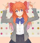  bad_id bad_pixiv_id bow gekkan_shoujo_nozaki-kun hair_bow kanapy long_hair orange_hair polka_dot polka_dot_background polka_dot_bow polka_dot_shirt purple_eyes rouman_academy_uniform sakura_chiyo school_uniform shirt smile solo 