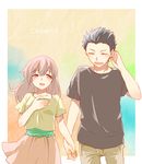  1girl black_hair brown_eyes closed_eyes fujisaki_yuu_(nkrm) holding_hands ishida_shouya koe_no_katachi long_hair nishimiya_shouko pink_hair smile 