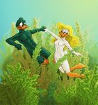  2014 anthro avian beak bird blonde_hair breasts censored couple covering duck duo farthingale female hair hand_holding lake male nude open_mouth plants plucky_duck shirley_the_loon skinny_dipping smile straight swimming tiny_toon_adventures underwater warner_brothers water 