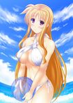  ball bare_shoulders beachball bikini blonde_hair blush breasts cleavage cloud covered_nipples criss-cross_halter day fate_testarossa halter_top halterneck horizon large_breasts long_hair lyrical_nanoha mahou_shoujo_lyrical_nanoha_strikers ocean red_eyes side-tie_bikini sky smile solo swimsuit utanone_shion very_long_hair 