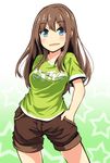  alternate_costume arm_behind_back blue_eyes blush brown_hair casual contrapposto cowboy_shot green_background hand_in_pocket highres idolmaster idolmaster_cinderella_girls long_hair parted_lips shibuya_rin shirt shorts solo standing star t-shirt tom_(drpow) 