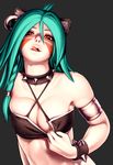  animal_ears bikini_top bracelet braid collar ear_piercing facial_mark gengoroumaru_(ambidextrous) green_hair highres jewelry licking_lips looking_at_viewer lucent_heart piercing pulling red_eyes solo spiked_bracelet spiked_collar spikes tongue tongue_out 