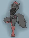  anthro arms_behind_head black_fur bulge chest_tuft clothed clothing fishnet fur girly grey_background kemuri male nintendo nipples on_one_leg open_mouth plain_background pok&eacute;mon pokemon raised_arm shorts solo standing stretching tight_clothing toned tuft video_games wyntersun yawn zorua 
