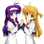  arisa_bannings blonde_hair blue_eyes green_eyes hair_ribbon hairband long_hair looking_at_viewer lyrical_nanoha mahou_shoujo_lyrical_nanoha multiple_girls n_haduki purple_hair ribbon school_uniform seishou_elementary_school_uniform simple_background tsukimura_suzuka white_background 