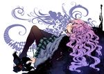  black_legwear cardigan flower long_hair looking_at_viewer looking_back lying mizu-iro_idea open_mouth pantyhose pink_hair purple_eyes skirt solo takanashi_ringo wavy_hair 