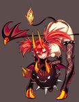  :3 bent_over breasts character_request demon_horns demon_wings fire gengoroumaru_(ambidextrous) highres horns looking_at_viewer lucent_heart medium_breasts polearm red_eyes red_hair short_hair simple_background smile solo tail thighhighs trident twintails weapon wings 