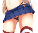  black_panties blonde_hair cameltoe close-up contrapposto gloves highleg highres kantai_collection long_hair microskirt navel panties pov_crotch shimakaze_(kantai_collection) skirt solo standing striped striped_legwear sweat thighhighs underwear white_background white_gloves zack_(haiuinndo) 