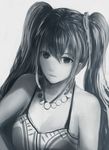  bangs breasts cleavage dress expressionless greyscale jewelry long_hair medium_breasts monochrome necklace original pearl_necklace sakimori_(hououbds) simple_background solo twintails upper_body white_background 