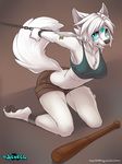  2014 anthro baseball_bat bra canine chain clothing cyan_eyes female fur iskra kneeling mammal restrained shorts solo underwear white_fur wolf 