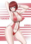  anna_williams areolae armpits arms_up bangs blue_eyes blunt_bangs blush bracelet breasts cameltoe character_name choker cleavage jet_(angelravishment) jewelry large_breasts lips nipples red_hair see-through slingshot_swimsuit solo swimsuit tekken 