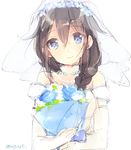  blue_eyes bouquet braid bridal_veil brown_hair dress elbow_gloves flower gloves hair_flaps hair_flower hair_ornament hair_over_shoulder highres jewelry kantai_collection komachi_narota long_hair looking_at_viewer necklace remodel_(kantai_collection) ring shigure_(kantai_collection) single_braid sketch smile solo twitter_username veil wedding_dress white_gloves 