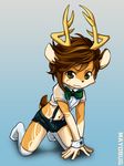  ahum_lipit_ishtar anthro balls cervine clothed clothing cuffs cute deer fur girly hair horn legwear looking_at_viewer male mammal mayobug navel necktie pants plain_background pose shirts shota slim solo stockings suspender young 