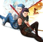  2boys absurdres ahoge black_hair blue_hair fate/stay_night fate/zero fate_(series) gae_bolg gae_buidhe gae_dearg grainne highres lancer lancer_(fate/zero) mole mole_under_eye multiple_boys paper ponytail red_eyes yellow_eyes yepnean 