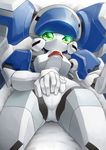  absoluteblue clothing female glowing glowing_eyes green_eyes looking_at_viewer lying machine mechanical medabots not_furry on_back panties robot solo underwear unknown_character video_games 
