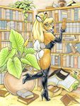  avian bird blonde_hair book boots breasts butt caterpillar cervine eyewear glasses gloves hair library mammal megan_giles original_character plant rubber 