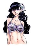  black_hair bra breasts collarbone flower glasses hair_flower hair_ornament lace lace-trimmed_bra large_breasts lingerie looking_at_viewer mole mole_on_breast navel original purple_eyes simple_background smile solo takanashi_ringo underwear white_background 