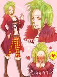  1girl bartolomeo bartolomeo_(one_piece) blush breasts checkered checkered_legwear coat embarrassed fangs genderswap green_hair medium_breasts one_piece patterned_legwear short_hair tattoo tongue tongue_out wink yellow_eyes 