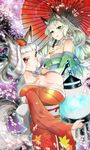  animal_ears bare_shoulders breasts cleavage japanese_clothes kongiku lantern large_breasts long_hair looking_at_viewer mikurou_(nayuta) multiple_girls oboro_muramasa oriental_umbrella petals short_hair silver_hair tail umbrella yuzuruha 