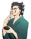  ahoge black_hair chopsticks eating fabu0405 fate/zero fate_(series) food japanese_clothes kimono lancer_(fate/zero) male_focus mochi mole mole_under_eye solo wagashi yellow_eyes 