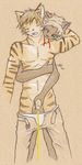  bite blood cat clothed clothing feline from_behind green_eyes long-hair male mammal peeing plain_background tiger tolbi traditional_media urine watersports 