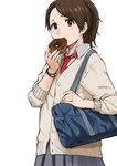  bag brown_eyes brown_hair cardigan cowboy_shot doughnut eating food looking_at_viewer necktie original pleated_skirt ponytail red_neckwear school_bag school_uniform shibasaki_shouji short_hair simple_background skirt solo white_background 