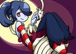  1girl bare_shoulders blue_skin detached_sleeves dress hair_over_one_eye leviathan_(skullgirls) looking_at_viewer red_eyes skull skullgirls smile socks squigly_(skullgirls) stitched_mouth striped striped_legwear striped_sleeves striped_socks zombie 