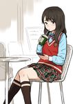  bangs bow bowtie brown_hair brown_legwear cellphone chair cup drinking drinking_straw kneehighs long_hair long_sleeves looking_down original phone plaid plaid_skirt school_uniform shibasaki_shouji sitting skirt smartphone solo sweater_vest table 