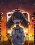  :d ^_^ bad_id bad_pixiv_id bandages blood bow bowtie brown_hair closed_eyes ground_vehicle hands_clasped highres injury kokemozuku long_hair open_mouth original own_hands_together pantograph railroad_crossing railroad_tracks smile solo suicide train 