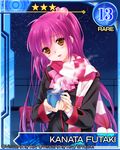  bow brown_eyes card_(medium) character_name cup futaki_kanata hot_chocolate little_busters! long_hair mug pink_bow purple_hair satomi_yoshitaka scarf school_uniform side_ponytail solo 