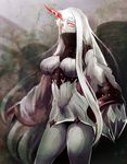  bad_id bad_pixiv_id blurry claws depth_of_field dress highres horn kantai_collection long_hair looking_at_viewer red_eyes seaport_hime shinkaisei-kan solo teko white_hair white_skin 