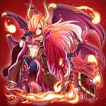  bad_id bad_pixiv_id black_gloves blonde_hair breasts crossed_legs demon_horns demon_tail demon_wings detached_sleeves gloves hair_over_one_eye highres holding horns long_hair looking_at_viewer medium_breasts navel original parted_lips pointy_ears red_eyes scythe sitting smile solo tail teko underboob wings 