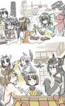  aircraft airplane bangs black_hair blunt_bangs braid brown_hair chopsticks comic cooking eyepatch gloves green_hair hair_ribbon hiyou_(kantai_collection) houshou_(kantai_collection) hyuuga_(kantai_collection) isuzu_(kantai_collection) japanese_clothes kai_(akamekogeme) kantai_collection kiso_(kantai_collection) kitakami_(kantai_collection) kotatsu long_hair multiple_girls murakumo_(kantai_collection) mutsu_(kantai_collection) nagato_(kantai_collection) ponytail ribbon school_uniform sendai_(kantai_collection) serafuku short_hair silent_comic table twintails two_side_up 