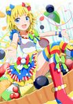  :d bad_id bad_pixiv_id blonde_hair blue_eyes boots bow fruit_tart gochou_(atemonai_heya) hair_bow hair_ornament looking_at_viewer minami_mirei multicolored multicolored_stripes open_mouth outstretched_arms pretty_(series) pripara sitting smile solo spread_arms striped striped_legwear thighhighs 