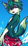  anthro beach canine clothed clothing cute dog fur hair male mammal mayobug pants pose red_eyes seaside shota slim solo swim_suit young 
