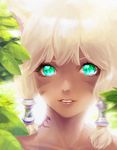  7h2o animal_ears blonde_hair collarbone eyelashes facial_mark final_fantasy final_fantasy_xiv green_eyes hair_tubes lips looking_at_viewer miqo'te parted_lips portrait smile solo tattoo teeth y'shtola_rhul 