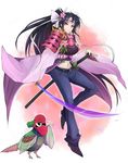  &gt;:) animal armor armored_dress bad_id bad_pixiv_id belt bird black_hair denim food fruit hair_ornament headband highres holding jeans katana long_hair looking_at_viewer mahou_shoujo_taisen mahou_shoujo_taisen_contest_2 navel pants peach petals pink_eyes ponytail smile sword teko v-shaped_eyebrows weapon 