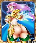  1girl aries_muu armor artist_request ass bikini_armor blue_eyes breasts facial_mark forehead_mark genderswap gold huge_breasts long_hair looking_at_viewer looking_back midriff open_mouth outstretched_hand panties ponytail purple_hair ribbon saint_seiya shiny shiny_skin solo thong underwear very_long_hair zodiac 