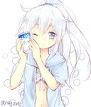  alternate_costume alternate_hairstyle blue_eyes can hibiki_(kantai_collection) kantai_collection komachi_narota long_hair one_eye_closed ponytail silver_hair sketch soda_can solo swimsuit swimsuit_under_clothes twitter_username 