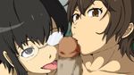  2girls arai_tamako barakamon black_eyes black_hair brown_eyes brown_hair censored disembodied_penis fellatio glasses licking looking_at_viewer mosaic_censoring multiple_fellatio multiple_girls nude oral penis penis_kiss short_hair woodzzz yamamura_miwa 