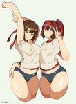  arm_up bad_id bad_twitter_id breasts brown_hair buruma cameltoe commentary_request covered_nipples emu_(eomou) gym_shirt gym_uniform hand_on_another's_hip headband highres hyuuga_(kantai_collection) ise_(kantai_collection) kantai_collection large_breasts multiple_girls navel ponytail red_hair shirt stretch twitter_username underwear v 