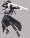  black_eyes black_hair breastplate energy_sword fingerless_gloves gloves kirito kirito_(sao-ggo) long_hair otoko_no_ko pose sword sword_art_online tette weapon 