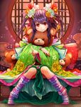  detached_sleeves hair_ornament highres long_hair long_image looking_at_viewer object_hug original pointing pointing_at_viewer purple_hair red_eyes sitting smile solo stuffed_animal stuffed_toy teddy_bear teko twintails wide_image 